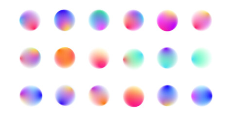 Set of defocused soft color gradient circles for creative graphic. Round banner with neon gradient isolated on white transparent background in PNG vector format. 