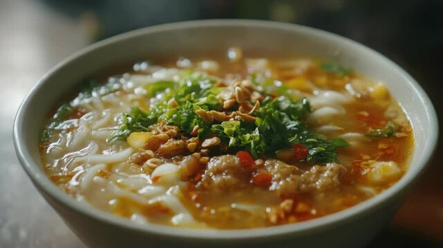 Vietnamese noodle soup with chicken, bean sprouts, and garnish