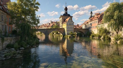 Fototapeta premium Old Town Hall Germany landscape bridge architecture river beauty Bamberg travel destinations tourism