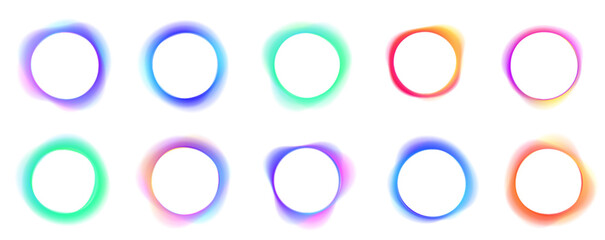 Set of blue, pink purple, green glowing round wavy speed and motion lines. Abstract cosmic bright colorful circle border frame PNG on white background.	