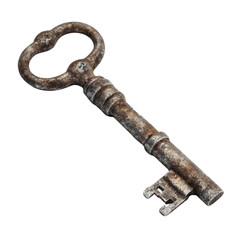 Rusty antique key on transparent background