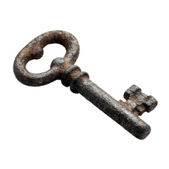 Rusty antique key on transparent background