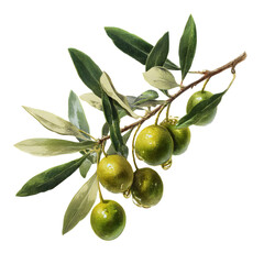 Hand Drawn Olive Branch with Olives on Transparent Background