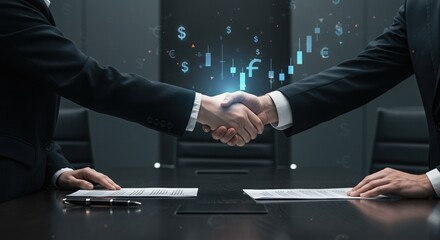 Business Handshake with Financial Chart Overlay in Dark Conference Room