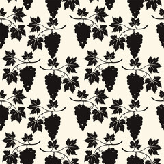 Dark Grape vine pattern, vine silhouette on creme background. 