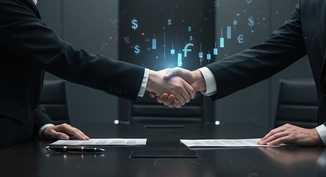 Business Handshake with Financial Chart Overlay in Dark Conference Room