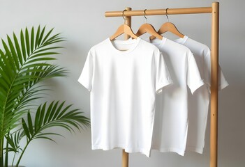 Fashionable clothing including a wedding dress and shirt hanging on hangers in a wardrobe