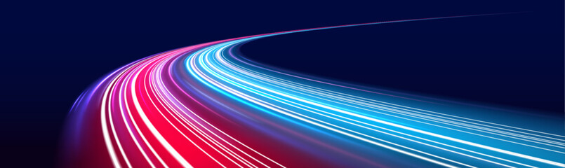 Vector dark blue abstract background with ultraviolet neon glow, blurry light lines, waves. High speed effect motion blur night lights blue and red. Magic shining neon light line trails.  © Mirotvoric