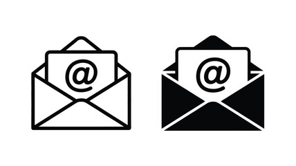 Email Icon Set – Modern Vector Envelopes with Protruding Notes and @ Symbol, One in Outline and One in Solid Black for Messaging, UX Design, or Digital Communication Themes