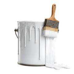 White Paint Can with Drips and Brush on transparent background