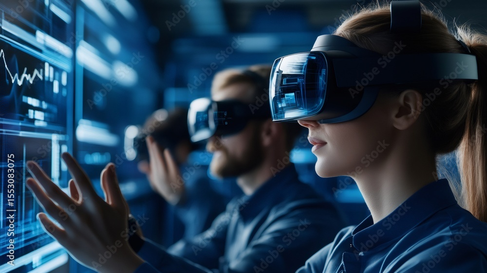 Leinwandbilder Software engineers interacting with virtual reality using a futuristic headset and touchscreen interface