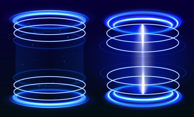 A glowing vertical portal with bright blue energy beams and neon rings creates a sci-fi teleportation effect. Ideal for gaming or futuristic UI. Realistic digital aura on black background. 