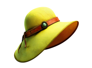 Stylish yellow sun hat with brown leather band, Isolated On Transparent Background