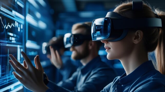 Software engineers interacting with virtual reality using a futuristic headset and touchscreen interface