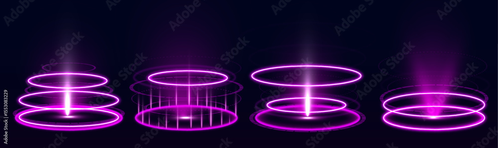 Poster neon energy circle on a transparent background emits colored rays and sparkles. digital high-tech ma
