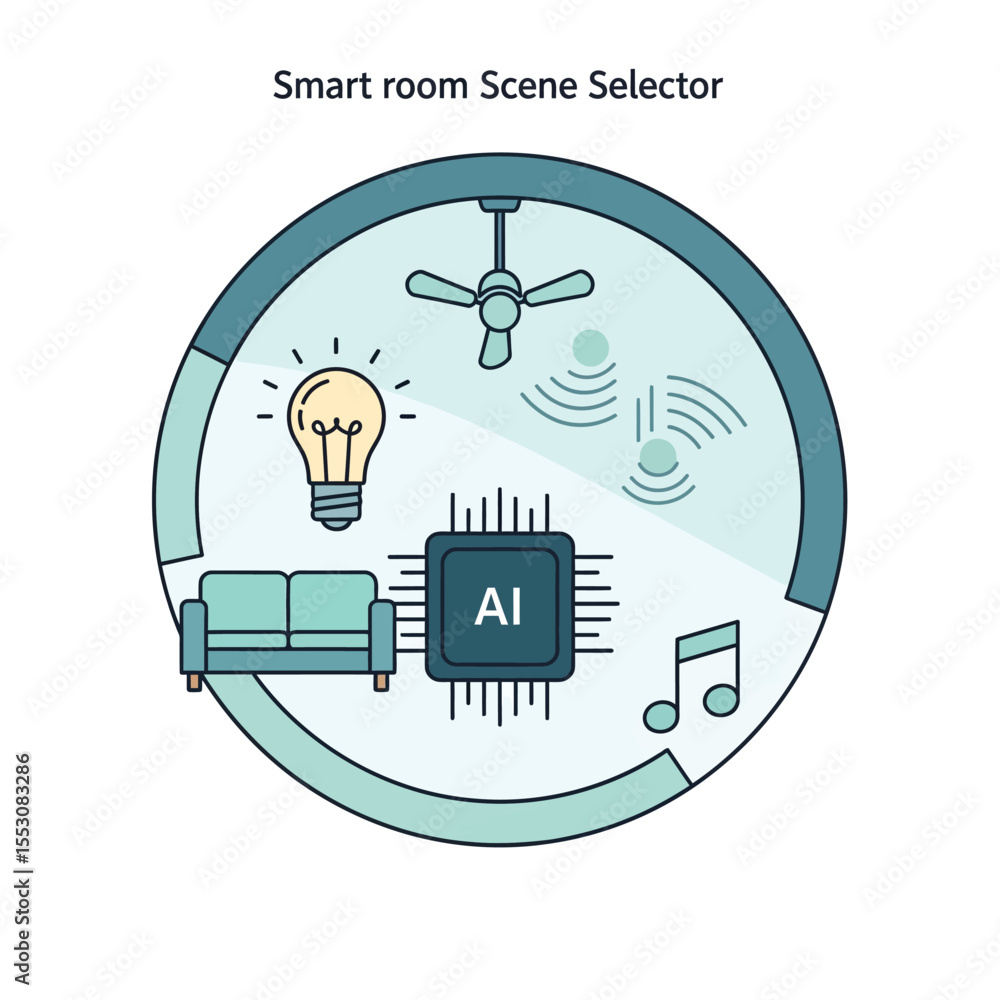 Poster smart room scene selector illustration featuring teal circular design element lightbulb couch ceilin
