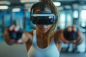 Young woman engaging in a virtual reality fitness activity using a VR headset and controllers in a digital studio setting, Generative AI