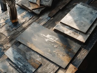 Rustic wooden planks with textured surface and vase arrangement, PNG