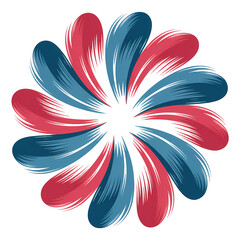 Abstract flower made of blue and red brush strokes on a transparent background in a circular pattern