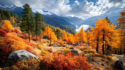 Wide-angle shot of Bhutan’s vibrant autumn forests with mountains beyond