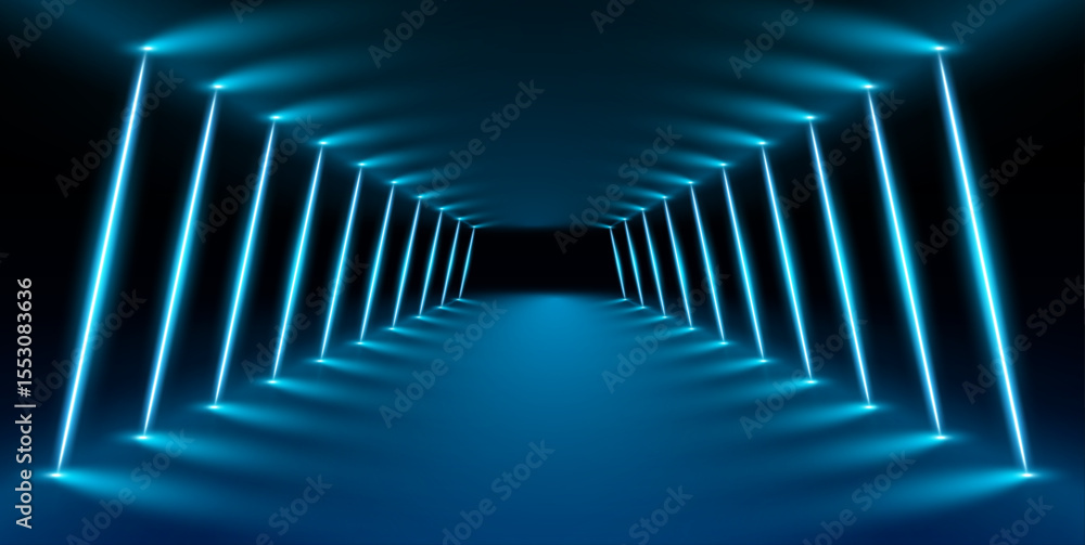 Poster Electric neon lines in virtual reality tunnel. Glowing neon lines create a vibrant spectrum in an abstract 3D tunnel. The pink and blue colors form a square portal that leads into the unknown.	