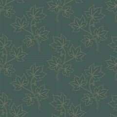 Golden vine grapes on green background, pattern with grape contours. Textile background.