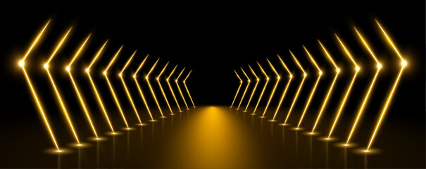 Abstract space tunnel interior. Yellow neon light illuminating an endless geometric tunnel creating. Shining gold beams form luminous perspective pathway for motion.