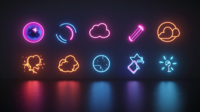 Neon Glowing Icons  Cloud  Star  Clock  Heart   UI Elements