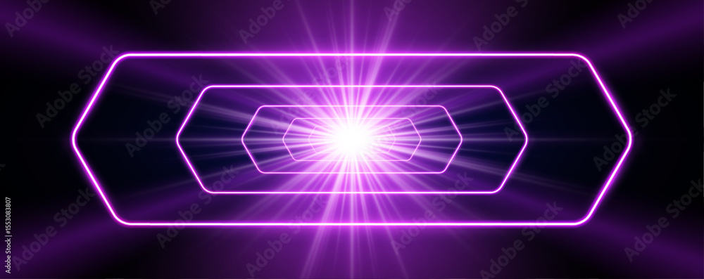 Poster laser show in a аuturistic corridor. neon lamps light up a dark tunnel with reflected arrows guiding
