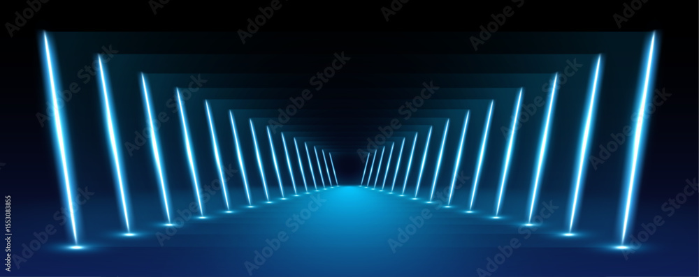 Poster Electric neon lines in virtual reality tunnel. Glowing neon lines create a vibrant spectrum in an abstract 3D tunnel. The pink and blue colors form a square portal that leads into the unknown.	