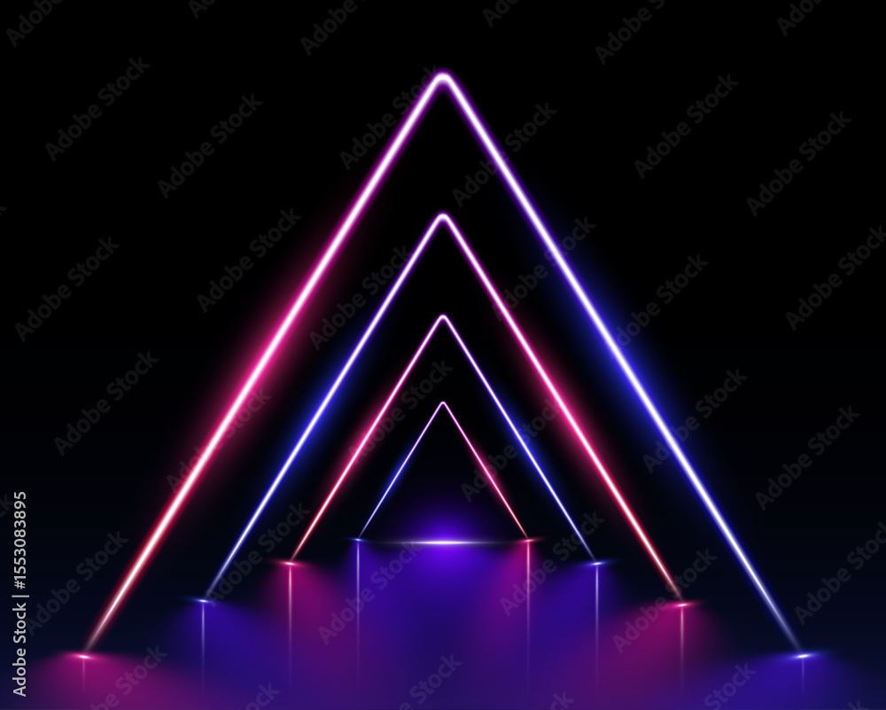 Poster laser show in a аuturistic corridor. neon lamps light up a dark tunnel with reflected arrows guiding