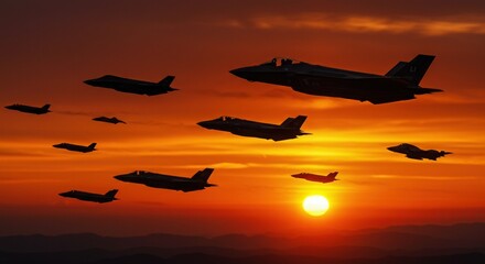 Silhouette F-22 Raptors in Fiery Sunset Flight Formation