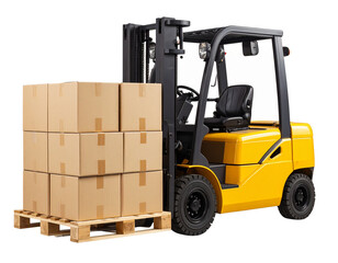 Yellow forklift carrying cardboard boxes on wooden pallet, side view, isolated on transparent background PNG