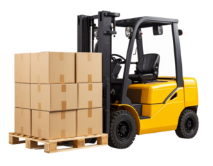 Yellow forklift carrying cardboard boxes on wooden pallet, side view, isolated on transparent background PNG
