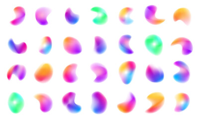 Set of spot multicolored brush strokes. Gradient Abstract shapes colorful fluid paint. Like flames suspended in space, these colorful shapes blend seamlessly. Vector illustration PNG.