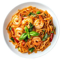 A top view of a plate of shrimp pad thai with basil and chili peppers