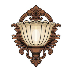 Ornate vintage wall lamp with brown floral design and a light bulb on a transparent background vector art