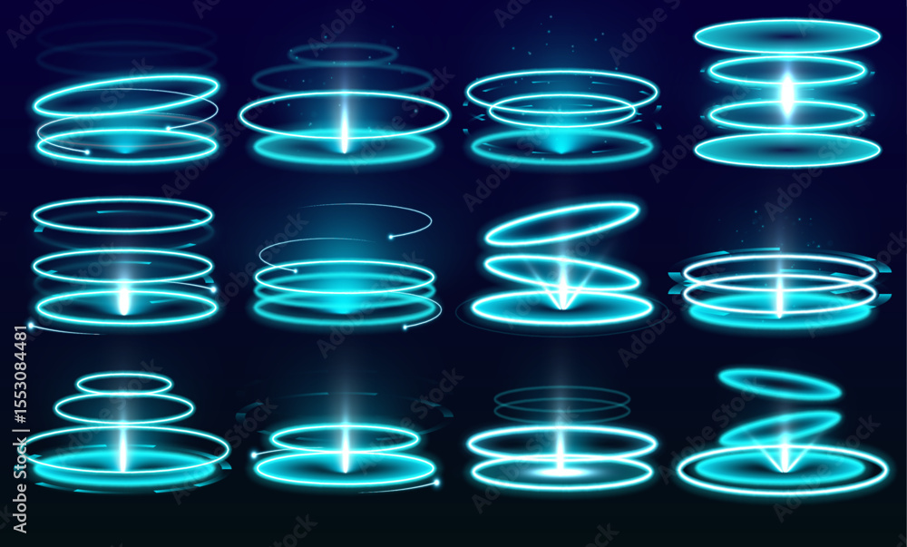 Poster neon energy circle on a transparent background emits colored rays and sparkles. digital high-tech ma