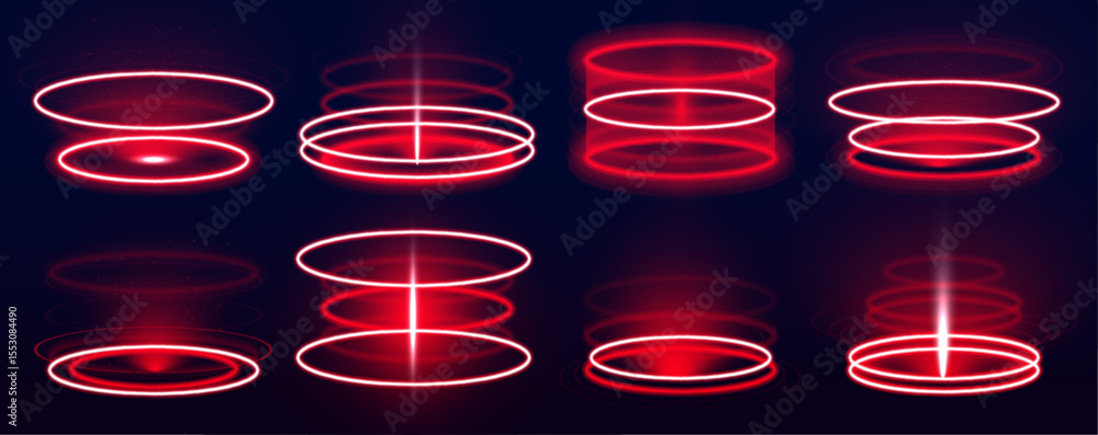 Poster magic portal made of glowing neon rings and digital sparkles hovers on a transparent background. sui