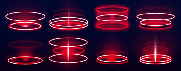 Magic portal made of glowing neon rings and digital sparkles hovers on a transparent background. Suitable for both fantasy and tech settings. Dynamic and captivating visuals.