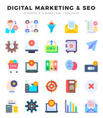 DIGITAL MARKETING & SEO elements. Flat web icon set. Simple vector illustration.