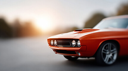 Vibrant orange muscle car front, showcasing power and classic design. Evokes nostalgia, speed, and automotive passion. Ideal for ads or retro themed projects.