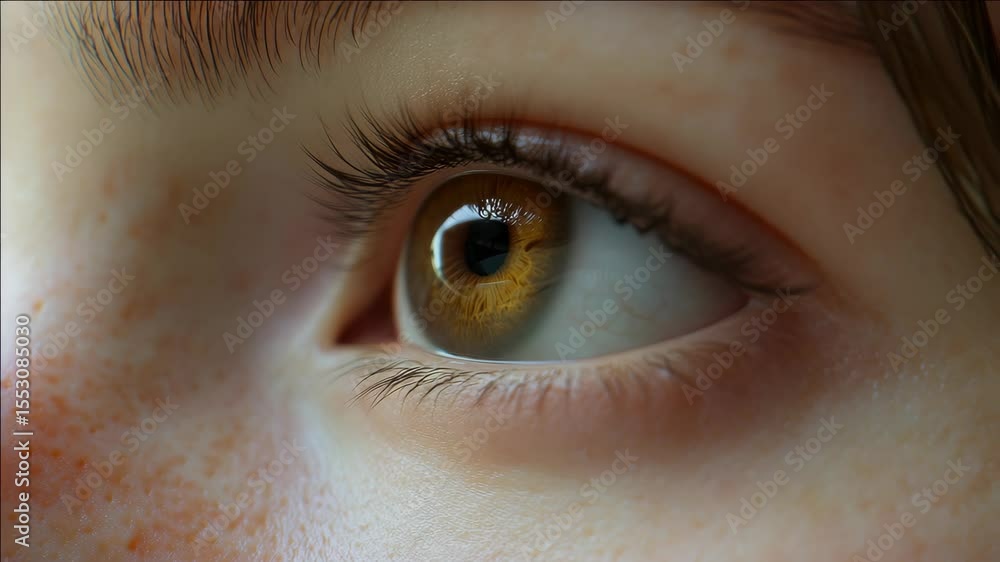Poster a detailed close-up of a human eye with freckles, focusing on the iris and lens. the texture and col