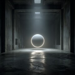 A glowing sphere suspended in a dark, concrete hallway.