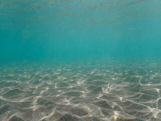 Fototapeta premium Ocean blue underwater with sunrays, Underwater Sea Deep Water Abstract Sunshine, sea wave , clean waters in summer time, Natural underwater seascape, sand on ocean floor and water surface with sunligh