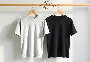 White blank cotton t-shirts on hangers, perfect for clothing design templates