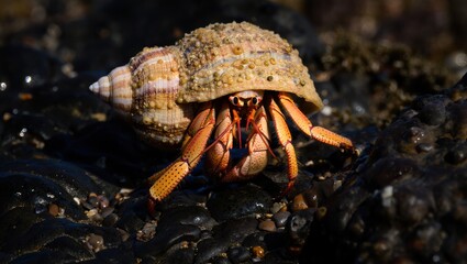 Hermit crab emerges from its shell on a rocky beach