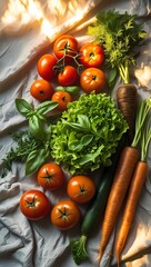 Fresh organic vegetables arranged on a light fabric surface in natural sunlight