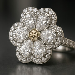 Elegant Diamond Ring Featuring Four-Leaf Clover Symbol for Luck