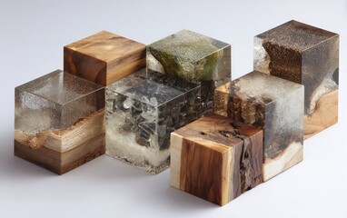 Geometric wooden cubes filled with resin and natural elements.